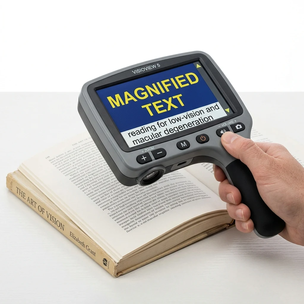 Handheld video magnifier displaying magnified high-contrast text on an open book