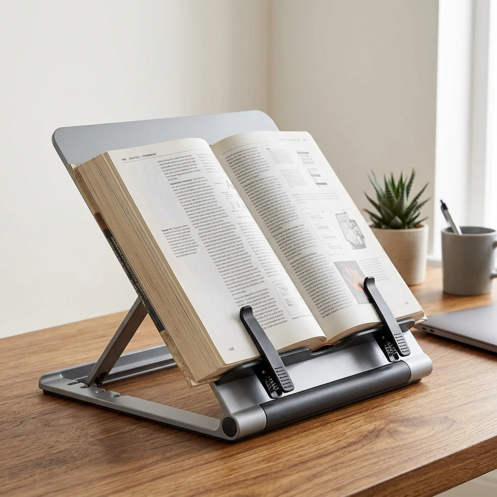 Ergonomic desktop copyholder holding a thick textbook upright with spring clips